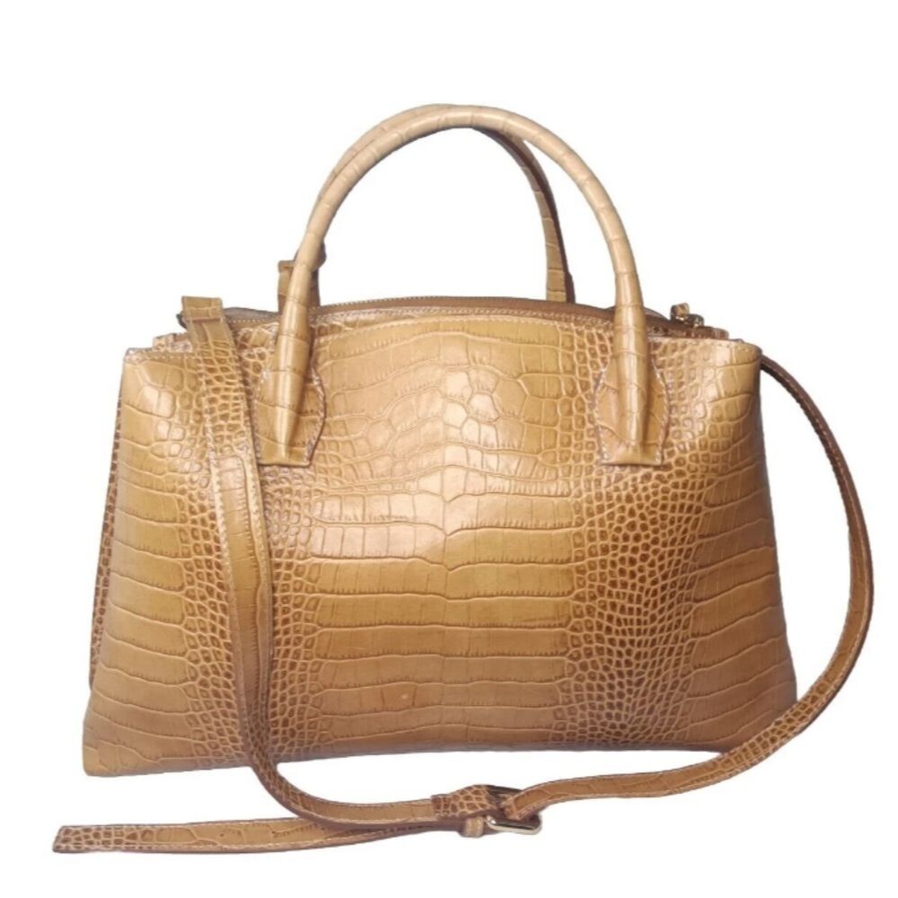 Lacucci Italian Leather Satchel Large Handbag Bag Crocodile Embossed Brown Tan - Picture 4 of 16